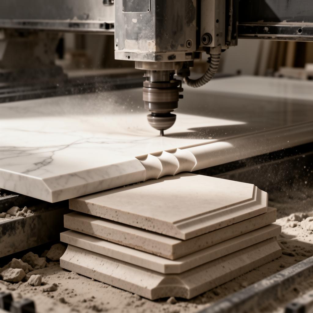 CNC machine cutting porcelain tile with profiled bullnose edge