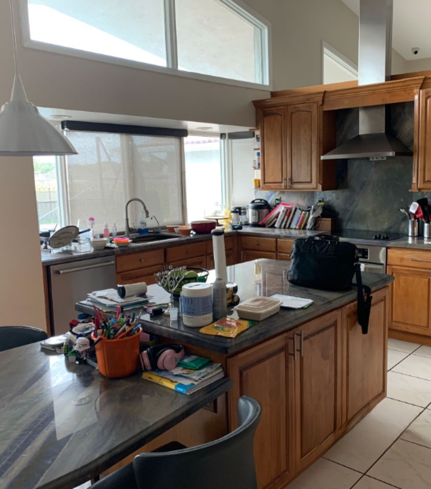 Before — Calacatta quartz island · light oak kitchen
