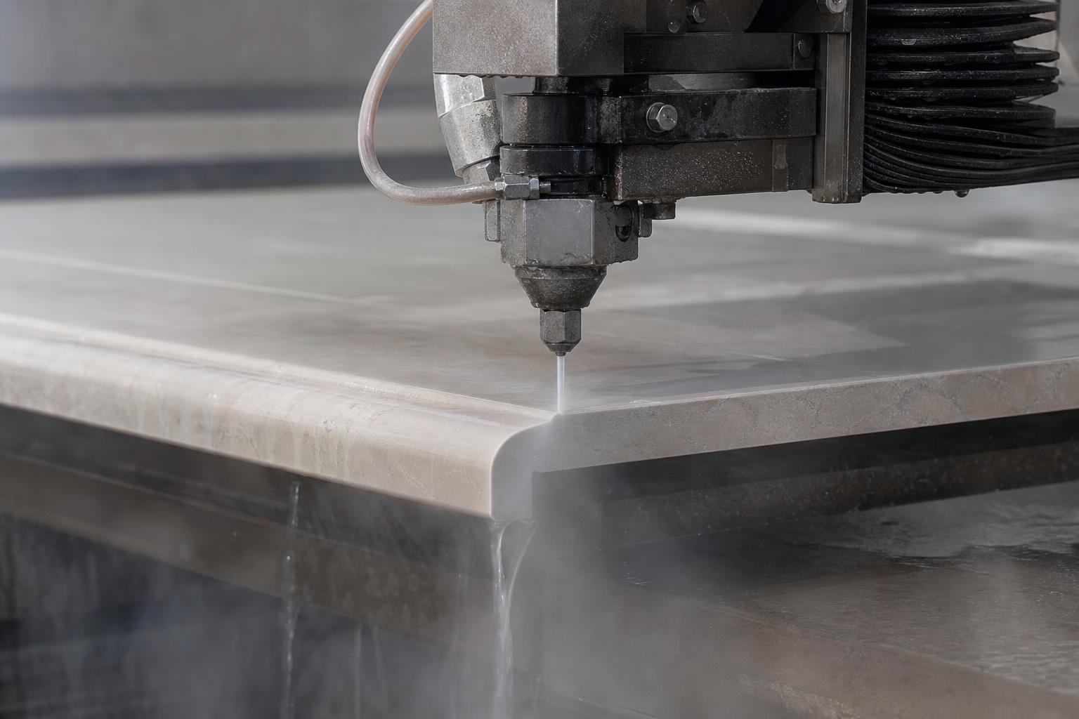 High-pressure waterjet cutting machine profiling a bullnose edge on a ceramic tile