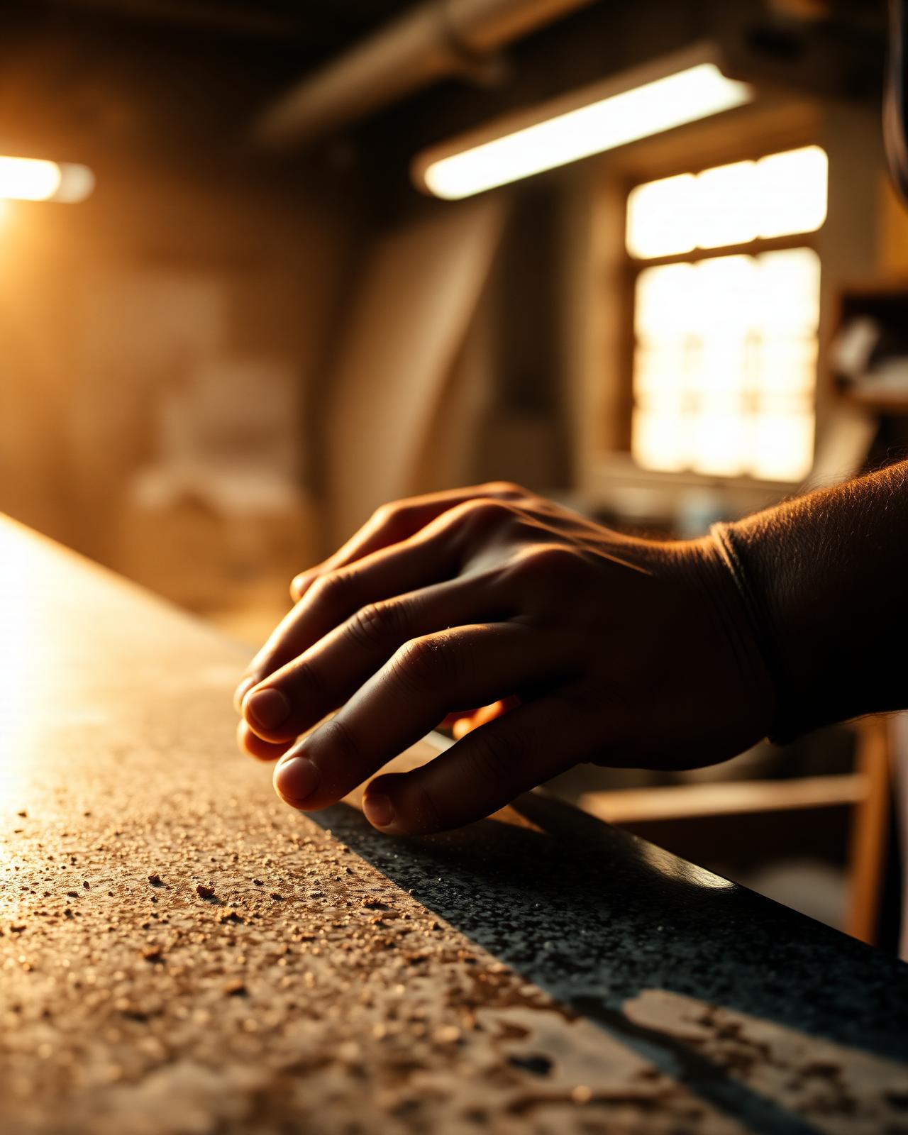 An Amaris craftsperson finishing a polished stone edge in the Bridgend workshop