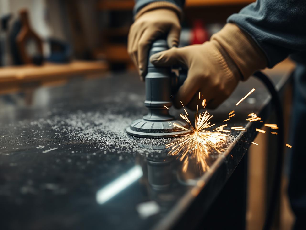 Craftsperson hand-polishing a granite worktop edge