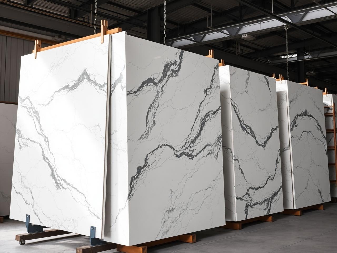 Marble and quartz slabs on A-frame racks in the Amaris stone yard